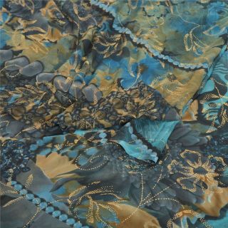 Sanskriti Vintage Blue Sarees Georgette Printed Painted Floral Sari Craft Fabric