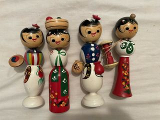 Vintage Korean Wooden Folk Art Hand Painted Bobbleheads 4 Nodder Dolls