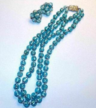 Vtg Gm Giuliano Fratti Necklace Earrings Set Venetian Foil Art Glass Beads