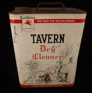 Vintage Socony Vacuum Mobil Tavern Dry Cleaner Tin Can Hunting Horse Hound Litho