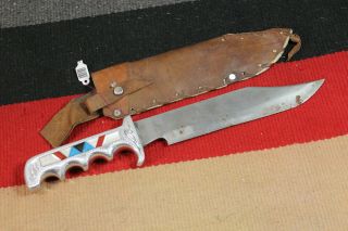 Vintage Southwestern Bowie Knife - Turquoise Coral Mother Of Pealt Onyx Silver