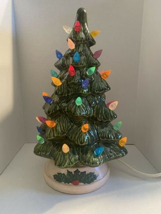 Vintage Ceramic 11 " Green Christmas Tree With Lights Great.  On Off Switch