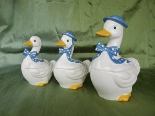 Set Of 3 Vintage Ceramic White Duck With Blue Bow Cookie Jars Japan