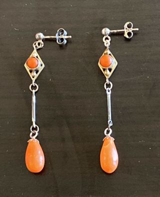 Antique Vintage Victorian Coral Drop Earrings Sterling Silver Undyed Dangle Deco