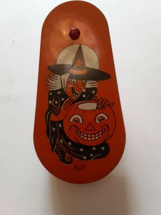 Old Vintage Halloween Tin Noisemaker Witch Jack O Lantern Made In Usa 1950s