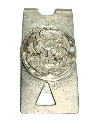 Vintage Sterling Silver Eagle Snake Money Clip Taxco Mexico Abalone Shell.  625oz