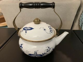 Vintage BLUE DANUBE Teapot Tea Kettle Blue Onion Porcelain Enamel Wood Handle 2
