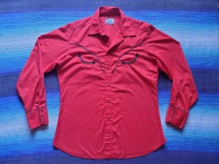 Vtg 70s H Bar C Pearl - Snap Western Shirt,  Red With Black Piping,  Men 
