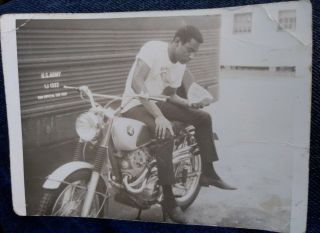 Vtg Bw Photo Of African American Soldier Sitting On Old Honda Motorcycle Signed