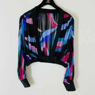 Vintage Designer Sheer Multi Color Print Silk Blouse Top Sz S M Sexy Rare Art