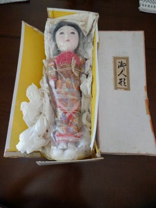 Vintage Japanese 16 " Ichimatsu Girl Doll In Elaborate Kimono Wood Base