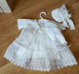 3 Pc.  Embroidery Sheer Lace White Dress Jacket Bonnet Baby Doll Vtg Baptism 40 