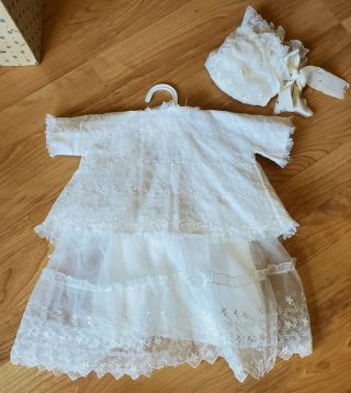 3 pc.  Embroidery Sheer Lace White Dress Jacket Bonnet Baby Doll Vtg Baptism 40 ' s 2
