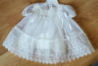 3 pc.  Embroidery Sheer Lace White Dress Jacket Bonnet Baby Doll Vtg Baptism 40 ' s 3