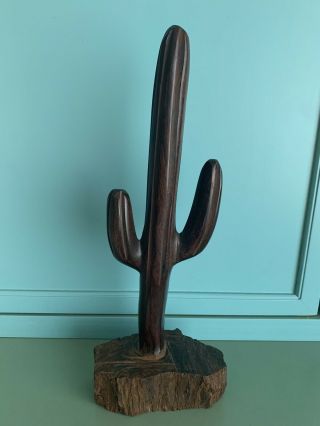Vintage Solid Hard Wood Hand Carved Sculpture Saguaro Cactus Southwestern 13.  5”