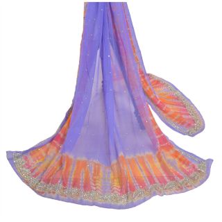 Sanskriti Vintage Dupatta Long Stole Georgette Purple Hand Beaded Leheria Hijab