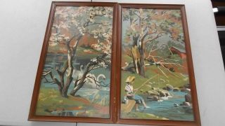 Vintage Set Of 2 Paint By Number Pbn Boy Fishing,  Swan Framed 19x11 Mid Century
