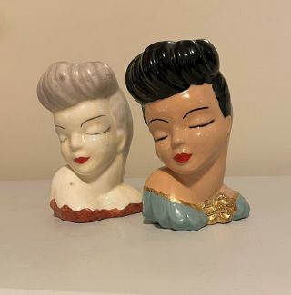 2 Vtg Glamour Girl Lady Head Vase 1940 