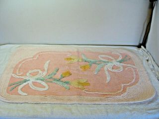 Vtg 50s Floral Tulip Flower Peach Pink Chenille Bath Mat Accent Bathroom Art Rug