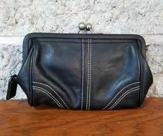 Vintage Coach Black Leather Kiss Lock Framed Change Purse Wallet Card Holder