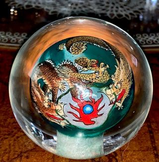 Vintage Chinese Reverse Painted Glass Ball Sphere Fire Breathing Dragons