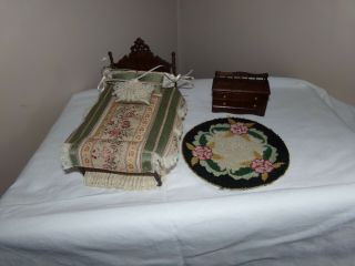 Vintage Dollhouse 4 Poster Bed With Bedding Chest Rug From Occupied Japan