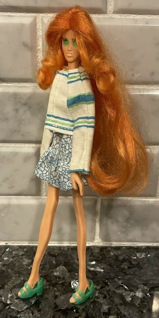 Vintage 1969 Ideal Fashion Flatsy Doll w Orange Hair Green Eyes Eyelashes 3