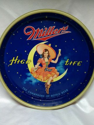 1950’s Vintage 13 " Miller High Life Beer Girl On Moon Serving Metal Tray Bar