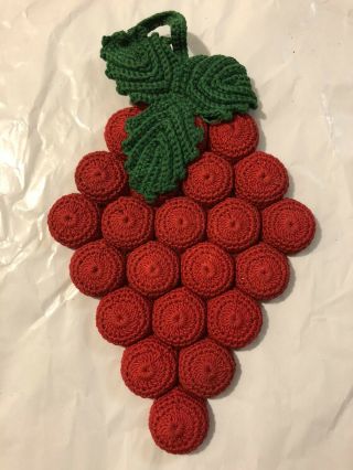 Vtg Handmade Crochet Bottle Cap Pot Holder Red Strawberries Or Grapes