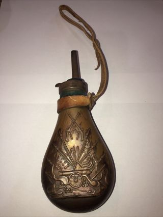 Antique Brass & Copper Shot Flask W/ Embossed Patriotic Scene