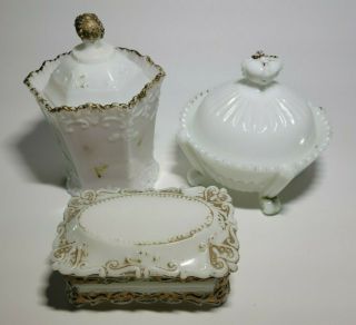 Antique Vintage 6 Piece Milk Glass Gold Trim Dresser Vanity Set