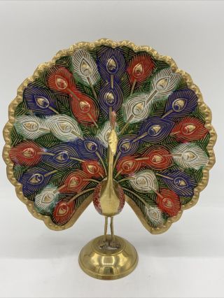 Vintage Brass Colorful Peacock Bird Figurine 7 " X 7.  5”decorative Display Metal