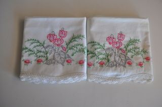 Vintage Embroidered Pillow Cases Set Of 2 Pink Flowers