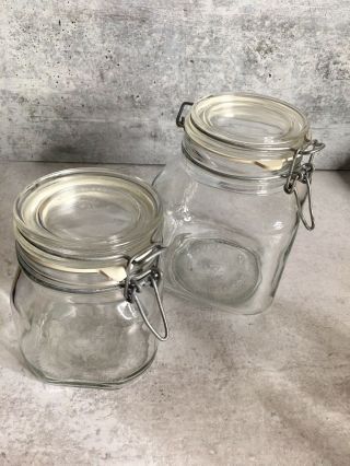 2 Vintage Fido Clear Glass Storage Jars Cannisters W/ Hinged Lids Made In Italy