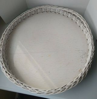 Vintage White Wicker Wood Serving Tray 14 " Round With Raised Grip Wood Bottom.