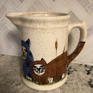 Vintage Mid - Century Art Pottery CAT PITCHER 7” Tall Hand painted Eclectic RARE 3