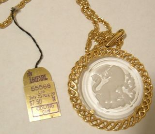 Vintage Gold Pendant Necklace Nwt Trifari Leo Lion Zodiac Horoscope Intaglio