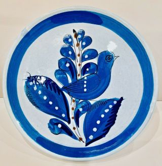 Signed Vintage Mexican Pottery Tonala Stoneware Bluebird Plate,  Artist Aj