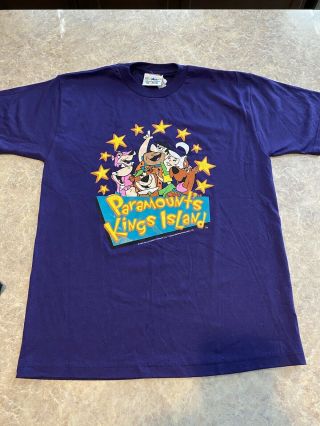 Vtg 1996 Paramount Parks Kings Island Cartoon Shirt Roller coaster Flintstones 2