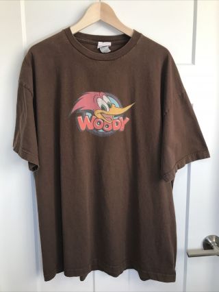 Vintage 90s Woody Woodpecker Brown Faded Cartoon Graphic T - Shirt 2xl Hipster