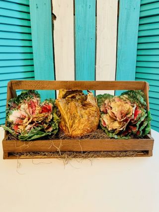 Realistic Vintage Fake Faux Vegetable Fruit Food Prop Cabbage Garden Wood Basket