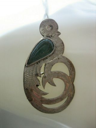 Estate Vintage Etched Sterling Silver Moss Agate Bird Brooch Pendant Necklace