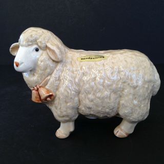 Vintage Otagiri Japan Lamb Sheep Ceramic Coin Bank With Plug Stickers