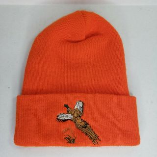 Vintage Pheasant Hunting Beanie Winter Hat Blaze Orange Embroidered Cap Gun Bird