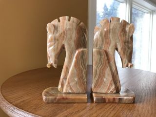Vintage Trojan Horse Head Bookends Carved Onyx Rock Marble Stone Natural