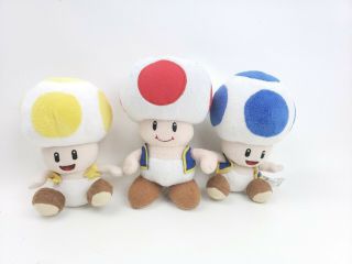 2010 Nintendo Mario Bros Wii Yellow Blue Red Toad Plush Stuff Doll 6” 7 "