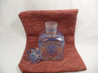 Vintage Perfume Bottle Painted Blue Flowers,  Glass Stopper Empty