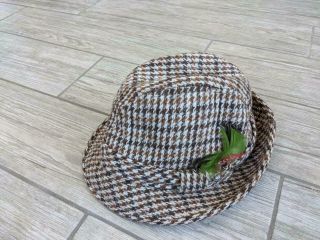 Vintage Tweed Wool Country Gentleman Houndstooth Hat L 7 - 3/8 Brown Fedora