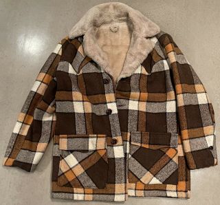 Vintage Mens Brown Plaid Wool Blend Faux Fur Coat Size 40