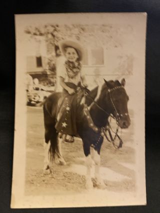 Vintage Photo Little Cowboy W Star Chaps W Hat Riding Black Pony Horse In Town